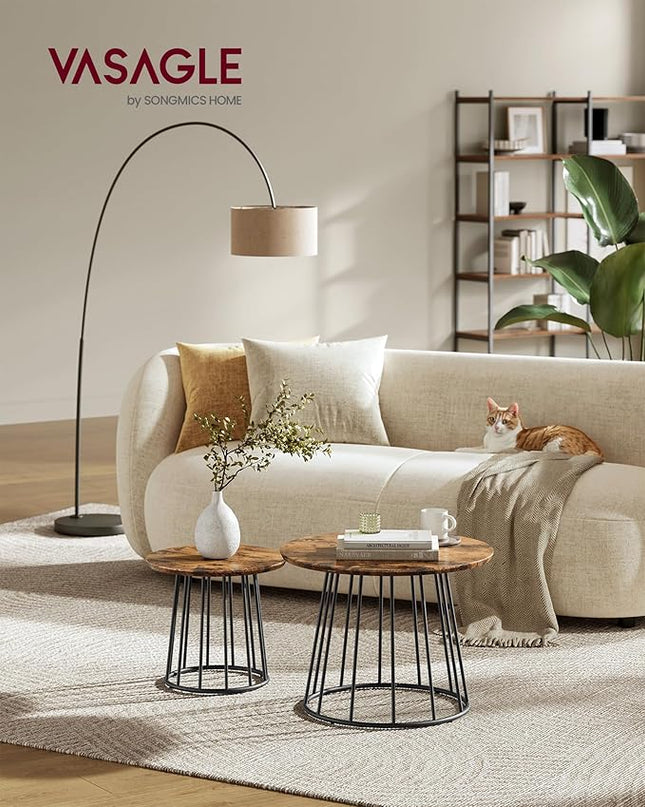 VASAGLE Round Coffee Tables, Set of 2, Modern Circle Side Tables with Steel Frame, for Living Room, Bedroom, Rustic Brown ULCT045K01 - LeafyLoom