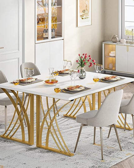 55’’ Large Modern Computer Desk, White & Gold Luxury Laptop PC Student Table, Makeup Vanity Table with Thick Frame & Strong Legs, Sturdy Writing Workstation for Home & Office - LeafyLoom