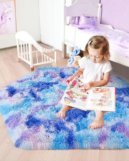 junovo Ultra Soft Hexagon Rug Fluffy Rainbow Nursery Rug for Princess Tent Kids Play Castle, Furry Hexagonal Carpet for Kids Girls Room Playhouse Classroom Dorm Home Decor, 4.6ft Tie-Dye Blue-Purple - LeafyLoom