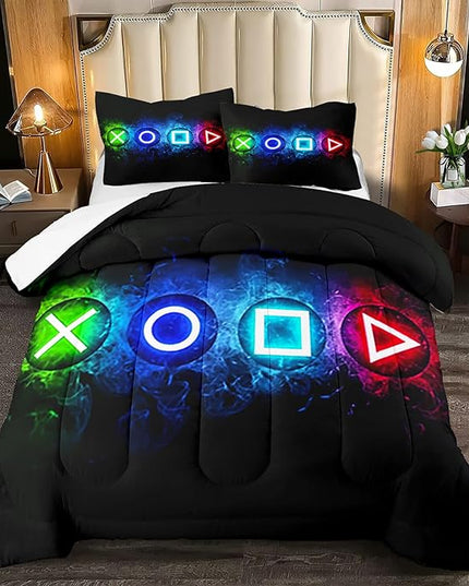 Gaming Comforter Sets for Boys, Gamer Bedding Sets for Boys Queen Size, Black Gaming Gamepad Soft Kids Comforter Sets Boys Bedroon, 1 Comforter and 2 Pillowcases - LeafyLoom