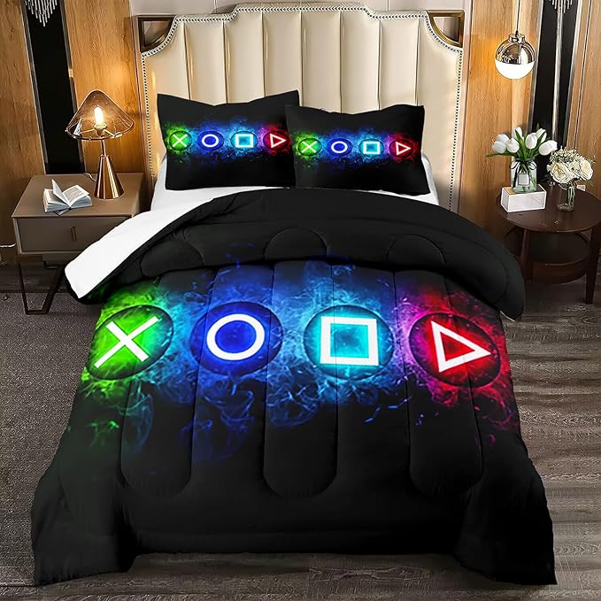 Gamer Comforter Sets for Boys, Video Gaming Comforter Set Full Size, Cool Black Gamer Gamepad Bedding Sets for Boys Kids Playroom Decor, 1 Comforter and 2 Pillowcases - LeafyLoom