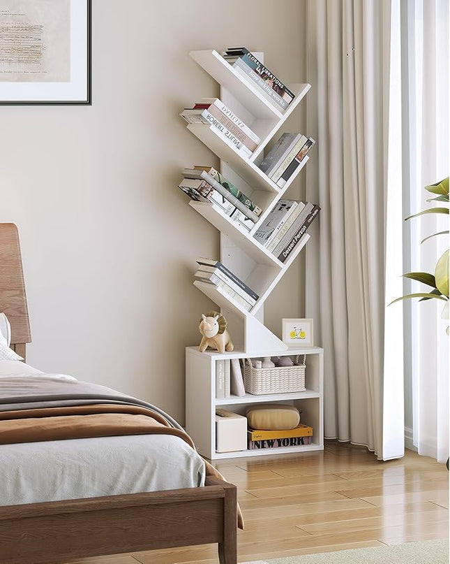 SUNMORY 6 Tier Tree Bookshelf, Tall Bookcase with Storage Cabinet, Modern Narrow Bookshelves Organizer, Floor Standing Book Shelf for Bedroom/Living Room/Home Office/Corner, White - LeafyLoom