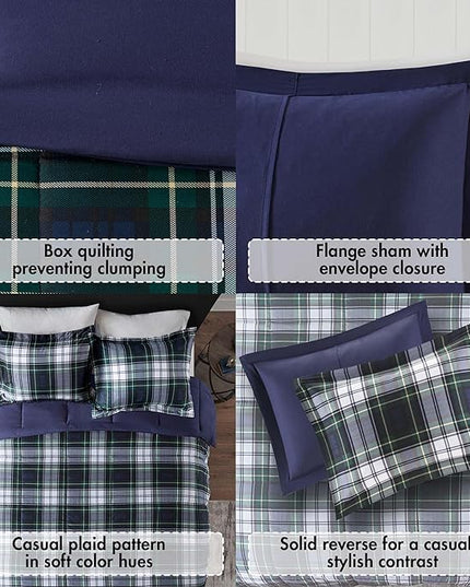 Madison Park Essentials Parkston Plaid Comforter, Matching Sham, 3M Scotchguard Stain Release Cover, Hypoallergenic All Season Bedding-Set, Twin/TwinXL, Navy, 2 Piece - LeafyLoom