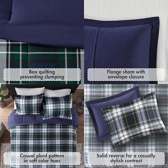 Madison Park Essentials Parkston Plaid Comforter, Matching Sham, 3M Scotchguard Stain Release Cover, Hypoallergenic All Season Bedding-Set, King/California King, Navy, 3 Piece - LeafyLoom
