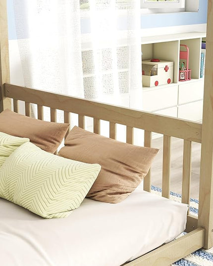 Full Size Canopy Bed Frame with Guardrails for Kids,Floor Bed Full with Four Poster Design,Kids Montessori Floor Bed,Wood Canopy Bed Frame for Girls,Boys(Full,Natural) - LeafyLoom