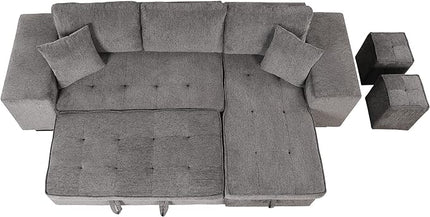 L Shaped Reversible Sleeper Sectional Sofa Pull Out Couch Bed with Storage Chaise Lounge and 2 Stools, Button Tufted Chenille Upholstered Convertible Pullout Sofabed for Living Room Office - LeafyLoom