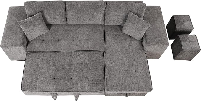 L Shaped Reversible Sleeper Sectional Sofa Pull Out Couch Bed with Storage Chaise Lounge and 2 Stools, Button Tufted Chenille Upholstered Convertible Pullout Sofabed for Living Room Office - LeafyLoom