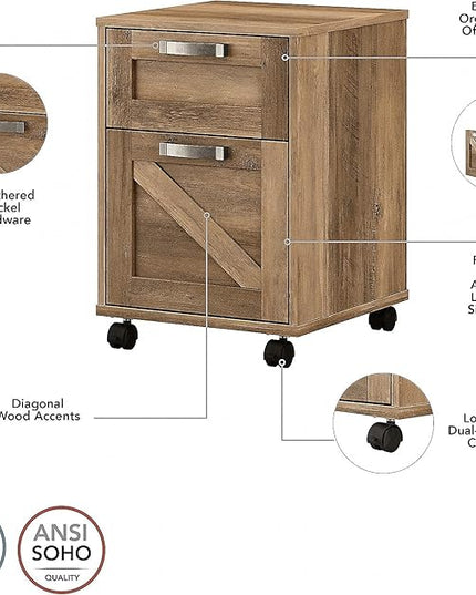 Bush Furniture Knoxville 2 Drawer Mobile File Cabinet, Rolling Document Storage for Home Office, Reclaimed Pine - LeafyLoom