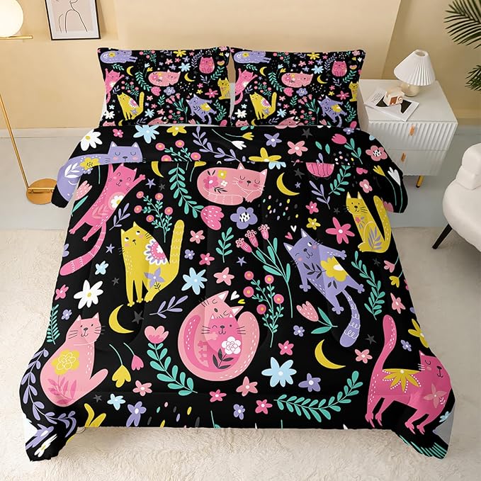 Floral Cat Comforter Full Size,Black Cats Comforter Set for Kids Teens Girls,3Pcs Bedding Set Printed Comforter with 2 Pillowcases,Down Alternative,Soft and Lightweight(Black，Full Size) - LeafyLoom