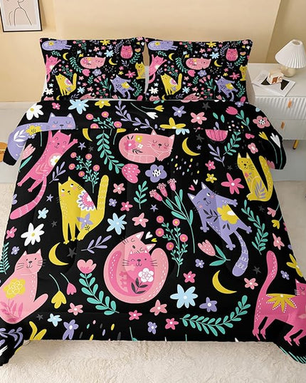 Floral Cat Comforter King Size,Black Cats Comforter Set for Kids Teens Girls,3Pcs Bedding Set Printed Comforter with 2 Pillowcases,Down Alternative,Soft and Lightweight(Black，King Size) - LeafyLoom