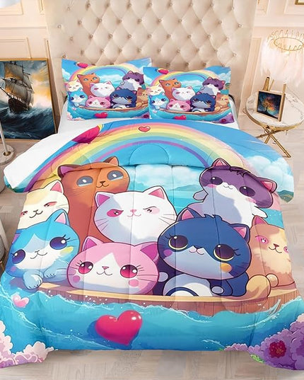 Cat Bedding Set Queen Size - Cute Girls Bedding Cat Comforter Set for Kids Teens Girls Cartoon Animal Print Cat Quilt Soft Breathable Kid Comforter Set, 1 Comforter 2 Pillowcase - LeafyLoom