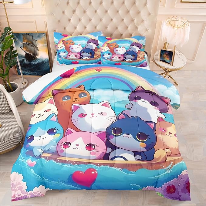 Cat Bedding Set Queen Size - Cute Girls Bedding Cat Comforter Set for Kids Teens Girls Cartoon Animal Print Cat Quilt Soft Breathable Kid Comforter Set, 1 Comforter 2 Pillowcase - LeafyLoom