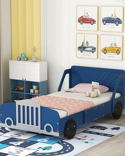 Twin Size Car-Shaped Bed Frame for Kids,Wooden Platform Bed with Wheels and Side Rails for for Boys Girls,Wood Slat Supports,No Box Spring Needed,Blue - LeafyLoom