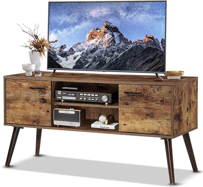Stand for 35 55 inch Television, Modern Mid Century TV Table, with Adjustable Shelf Entertainment Center, and Two Storage Cabinets, for Living Rooms, Bedrooms, Old Pine - LeafyLoom