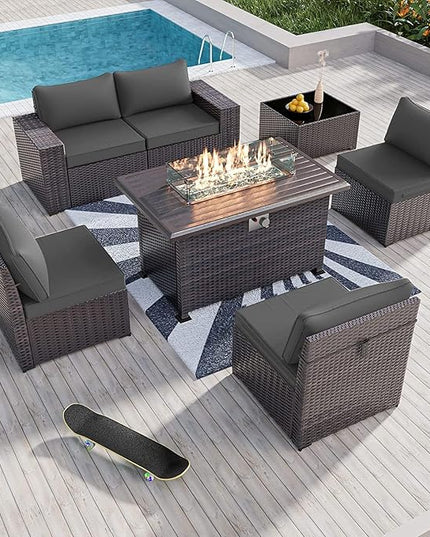 Kullavik 7 PCS Outdoor Patio Furniture Set with 43" 55000BTU Gas Propane Fire Pit Table PE Wicker Rattan Sectional Sofa Patio Conversation Sets for Outdoor,Grey - LeafyLoom