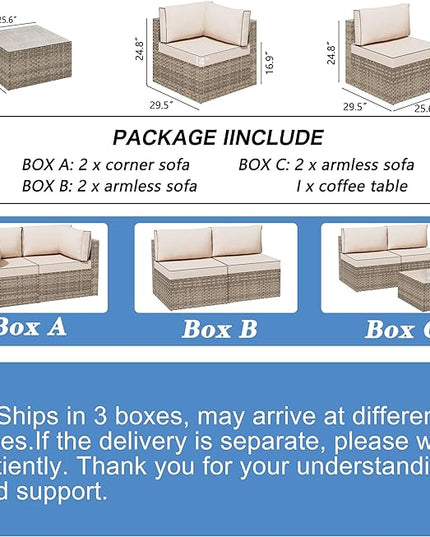 Shintenchi 7 Pieces Outdoor Patio Sectional Sofa Couch,Natural PE Wicker Furniture Conversation Sets with Washable Cushions & Glass Coffee Table for Garden, Poolside, Backyard (Khaki) - LeafyLoom