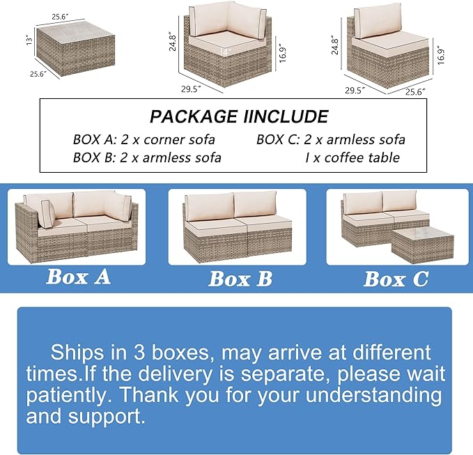 Shintenchi 7 Pieces Outdoor Patio Sectional Sofa Couch,Natural PE Wicker Furniture Conversation Sets with Washable Cushions & Glass Coffee Table for Garden, Poolside, Backyard (Khaki) - LeafyLoom
