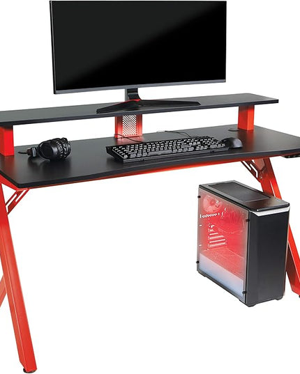 OSP Home Furnishings Area51 Battlestation Gaming Desk with Bluetooth RGB LED Lights, Red - LeafyLoom