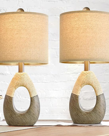 OYEARS Boho Table Lamps Bedroom Living Room Set 2 Sleeping and Reading,Small Farmhouse RattanTable Lamp 19”Rustic Egg Design Resin Light Decoration,Nightstand Bedside Lamps for Office Study Rest - LeafyLoom