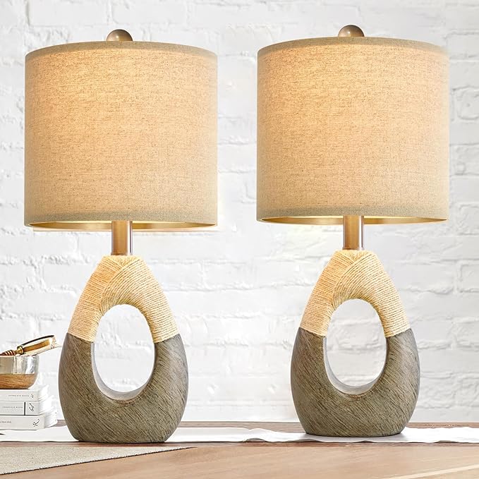OYEARS Boho Table Lamps Bedroom Living Room Set 2 Sleeping and Reading,Small Farmhouse RattanTable Lamp 19”Rustic Egg Design Resin Light Decoration,Nightstand Bedside Lamps for Office Study Rest - LeafyLoom
