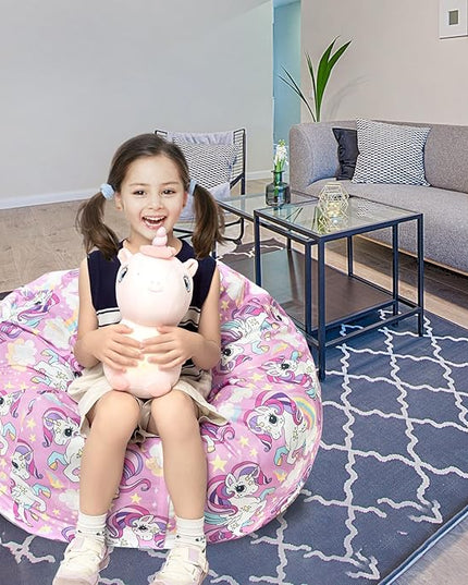 Stuffed Animal Storage Bean Bag Chair Cover, Hold Kids Plush Toys Blankets Towels Beanbag (Cover Only), Canvas Floor Circle Stuff Sit Seat Sofa with YKK Zipper, Large 32", Unicorn - LeafyLoom