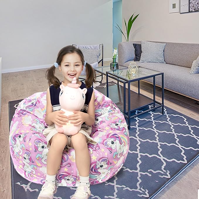 Stuffed Animal Storage Bean Bag Chair Cover, Hold Kids Plush Toys Blankets Towels Beanbag (Cover Only), Canvas Floor Circle Stuff Sit Seat Sofa with YKK Zipper, Large 32", Unicorn - LeafyLoom