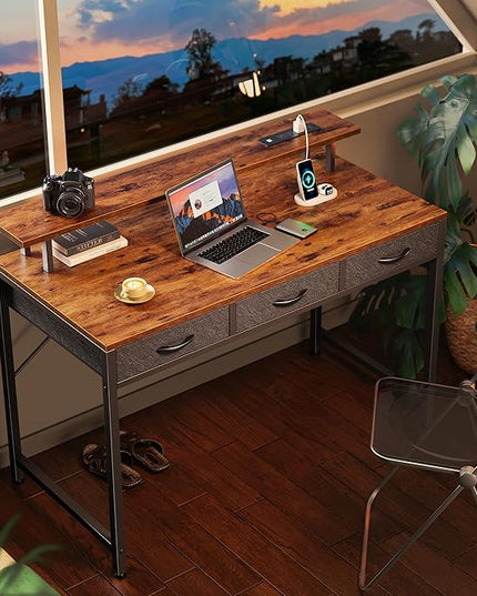 47 inch Computer Desk with 3 Drawers, Office Desk Gaming Desk with LED Lights & Power Outlets, Home Office Desks with Storage Space for Bedroom, Work from Home, Rustic Brown - LeafyLoom