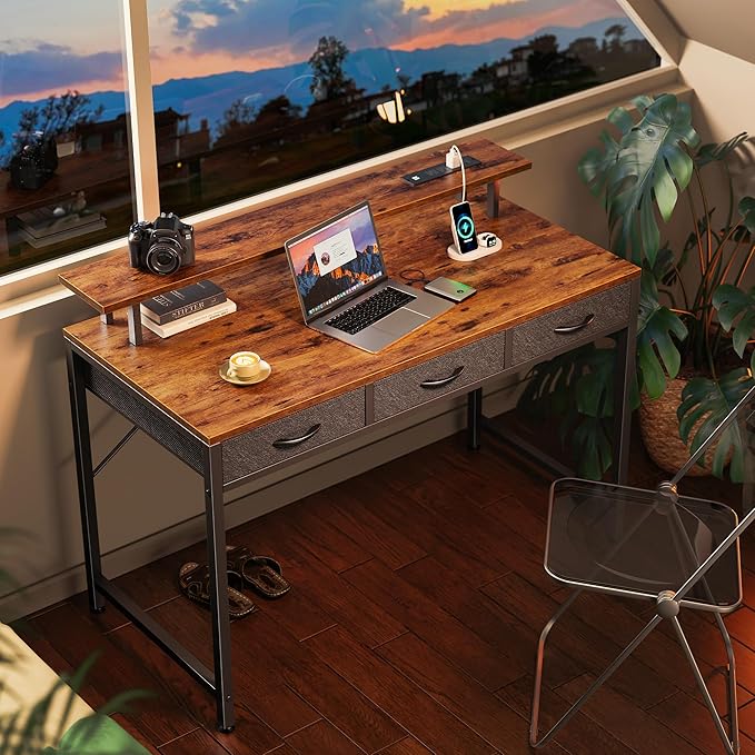 47 inch Computer Desk with 3 Drawers, Office Desk Gaming Desk with LED Lights & Power Outlets, Home Office Desks with Storage Space for Bedroom, Work from Home, Rustic Brown - LeafyLoom