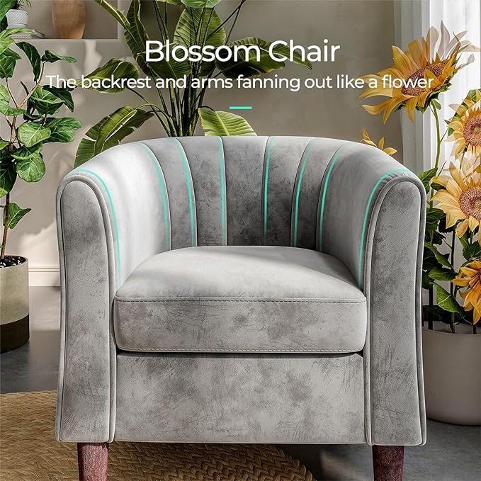 Velvet Accent Chair, Barrel Chair with Ottoman, Modern Comfy Reading Chair Armchair for Living Room Study Room Office, Gray - LeafyLoom