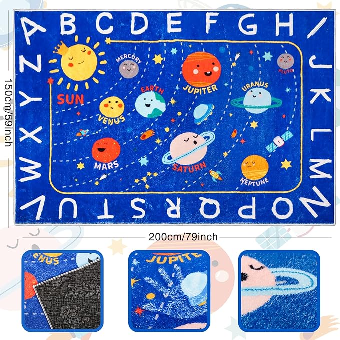 Outer Space Kids Rug,78.7"X59" ABC Alphabet Educational Kids Rugs for Playroom,Non Slip Solar System Galaxy Planets Playroom Rug,Washable Kids Area Rug Carpet for Classroom Bedroom Kids Room Decor - LeafyLoom