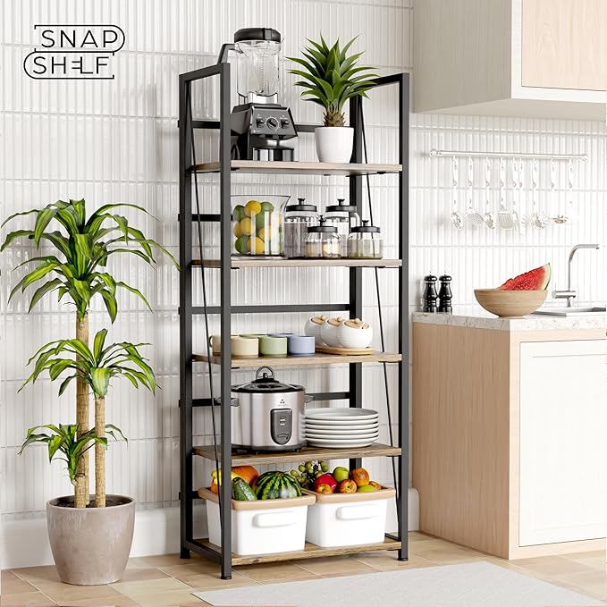 5 Tier Wood Book Shelf Organizer, No Assembly Bookshelf for Bedroom Living Room Office, Rustic Foldable Book Case, Tall Bookshelves, Open Book Shelves, Decorative Folding Shelf Display, Tall Bookcase - LeafyLoom
