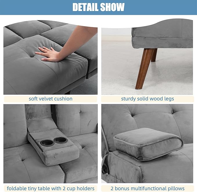 Shintenchi Futon Sofa Bed, Convertible Couch Bed Loveseat, Modern Futon Recliner Sleeper, Small Lazy Futon Set for Living Room, Office, Apartment, Light Gray - LeafyLoom