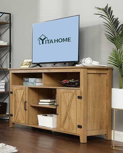 YITAHOME Highboy Farmhouse Barn Door TV Stand for 65 Inch TV, Modern Entertainment Center for 300 lbs, Rustic TV Media Console Storage TV Cabinet for Living Room, Barnwood, 59.5” - LeafyLoom