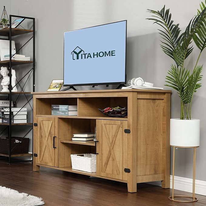YITAHOME Highboy Farmhouse Barn Door TV Stand for 65 Inch TV, Modern Entertainment Center for 300 lbs, Rustic TV Media Console Storage TV Cabinet for Living Room, Barnwood, 59.5” - LeafyLoom