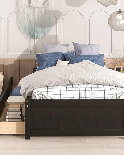 Twin Bed with 2 Storage Drawers, Solid Pinewood Twin Size Bed Frame,for Boys/Girls/Teens Bedroom, Easy to Assemble, No Box Spring Needed,Espresso - LeafyLoom