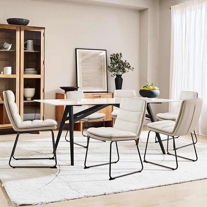 Dining Chairs Set of 6, Upholstered Dining Room Kitchen Chairs with Metal Legs, Modern Fabric PU Leather Side Chairs for Home Office, Cream - LeafyLoom