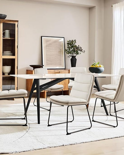 Dining Chairs Set of 2, Upholstered Dining Room Kitchen Chairs with Metal Legs, Modern Fabric PU Leather Side Chairs for Home Office, Cream - LeafyLoom