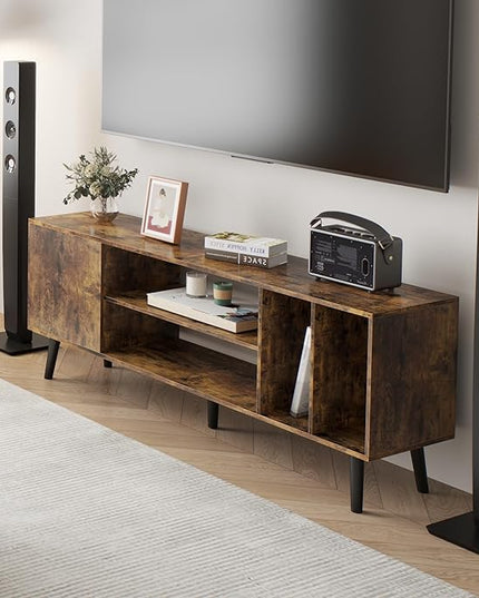 Yusong TV Stand for 55/65 inch TV, Mid Century Modern TV Console Table, Media Entertainment Center with Storage for Living Room Bedroom, Wood TV Cabinet, Rustic Brown - LeafyLoom