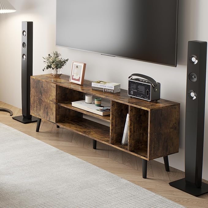 Yusong TV Stand for 55/65 inch TV, Mid Century Modern TV Console Table, Media Entertainment Center with Storage for Living Room Bedroom, Wood TV Cabinet, Rustic Brown - LeafyLoom