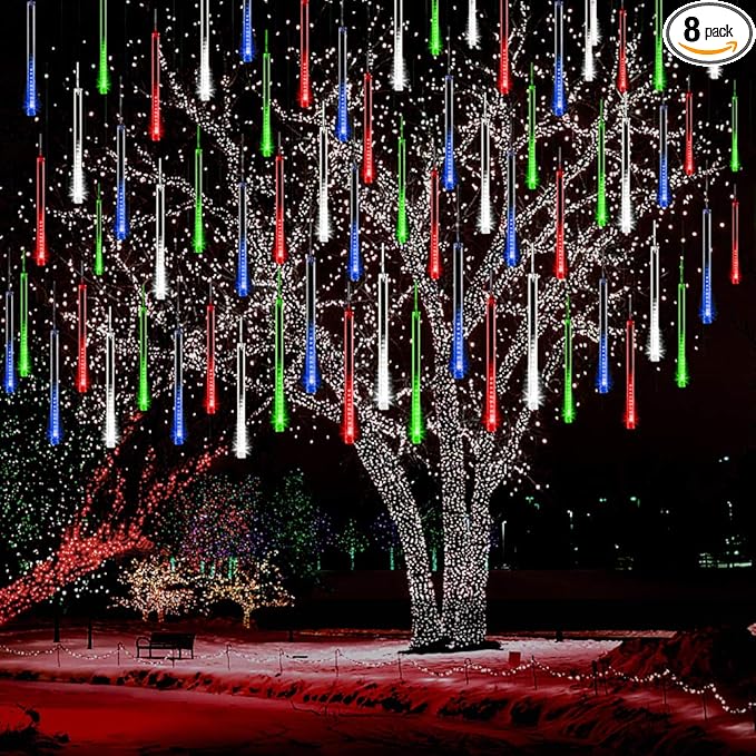 Kwaiffeo Icicle Christmas Lights Outdoor, Meteor Shower Lights 12 inch 8 Tube Cascading Lights for Xmas Tree Decor Wedding Party, Christmas Outdoor Decorations, UL Plug Multi Colored Kwaiffeo