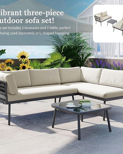 3-Piece Outdoor Patio Furniture PE Rattan Sofa Set, All Weather L-Shaped Sectional Couch with Removable Cushions and Glass Table, for Backyard Poolside Garden, Metal Frame, Onesize, Beige - LeafyLoom