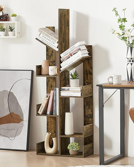 VECELO 8 Shelf Tree Bookcase,Wooden Tree Bookshelf Display with 8 Storage Shelves,Tree-Shaped Shelf Racks Organizer for Books,Magazines,CDs Decors for LivingRoom Bedroom Home Office,Rustic Brown - LeafyLoom