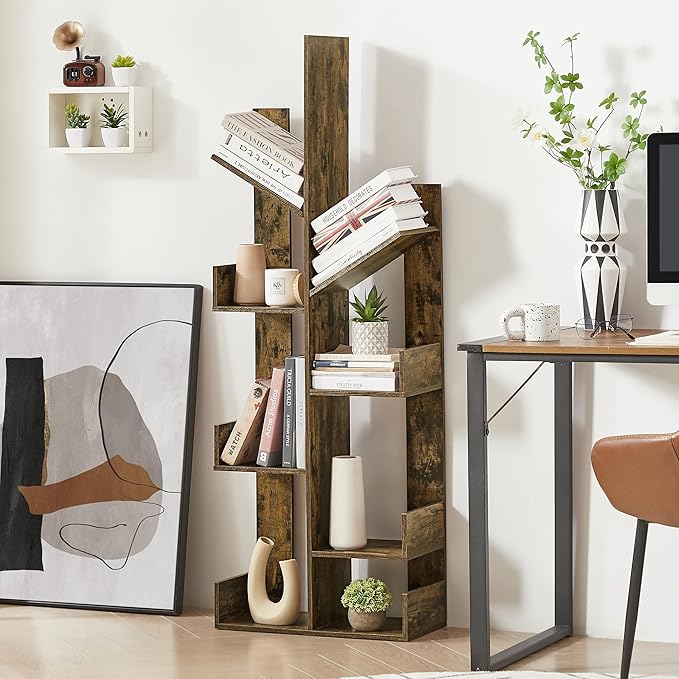 VECELO 8 Shelf Tree Bookcase,Wooden Tree Bookshelf Display with 8 Storage Shelves,Tree-Shaped Shelf Racks Organizer for Books,Magazines,CDs Decors for LivingRoom Bedroom Home Office,Rustic Brown - LeafyLoom