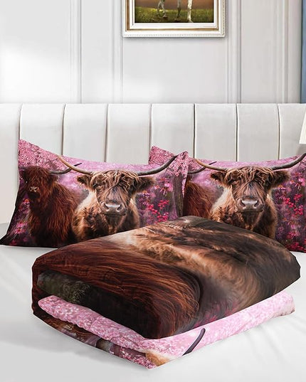 Cow Print Comforter Set Full Size Cherry Blossoms Cow Bedding Set Farmhouse Animals Quilt Bed Set with 1 Comforter and 2 Pillowcases - LeafyLoom