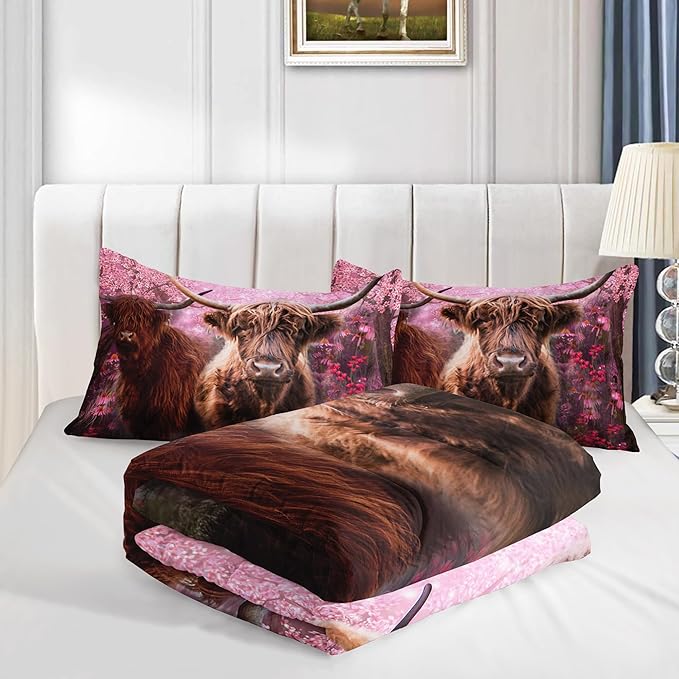 Cow Print Comforter Set Full Size Cherry Blossoms Cow Bedding Set Farmhouse Animals Quilt Bed Set with 1 Comforter and 2 Pillowcases - LeafyLoom