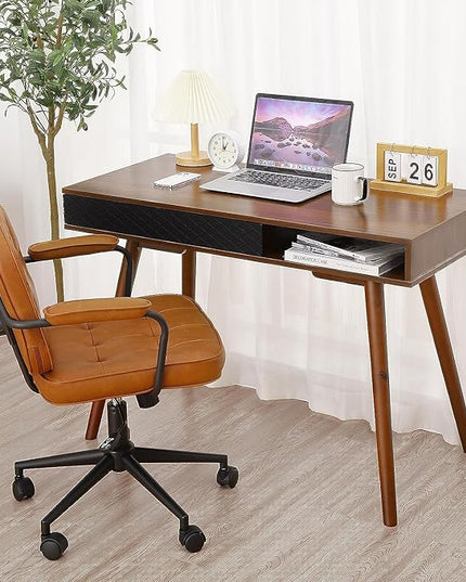 GAOMON Modern Home Office Writing Desk, 42 Inch Computer Table Desk with Drawers, Simple Mid Century Modern Desk, Walnut - LeafyLoom
