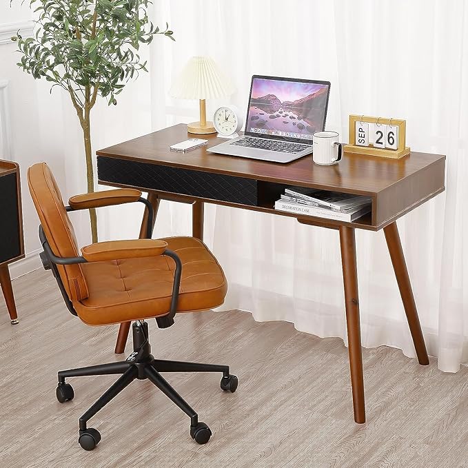 GAOMON Modern Home Office Writing Desk, 42 Inch Computer Table Desk with Drawers, Simple Mid Century Modern Desk, Walnut - LeafyLoom