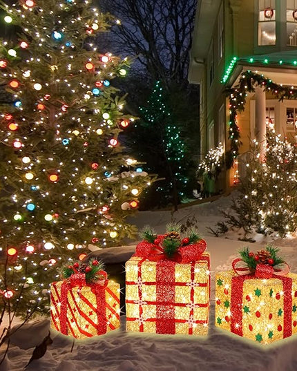 [Large 9.5"x8"x6.5" Christmas Set of 3 Lighted Gift Boxes Decorations Pre-lit 70 Super-Bright LED with Flashers,for Indoor Outdoor Christmas Tree Skirt Ornament Pathway Holiday Party Home GLOWNOVA