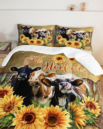HOSIMA Farmhouse Animal Cow Comforter Western Bedding Sets,Sunflower Comforter for Girls Boys Teens,Cow Print Bedding Room Decor,Floral King Size Comforter Set with 2 Pillowcases. - LeafyLoom