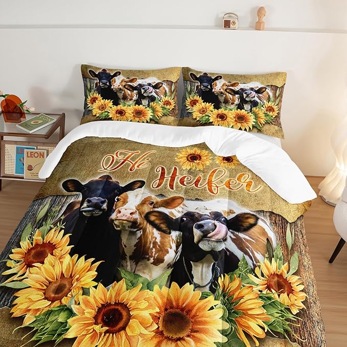 HOSIMA Farmhouse Animal Cow Comforter Western Bedding Sets,Kids Sunflower Comforter Twin Bed in a Bag for Girls Boys,Cow Print Bedding Room Decor,Floral Comforter Set with 2 Pillowcases. - LeafyLoom